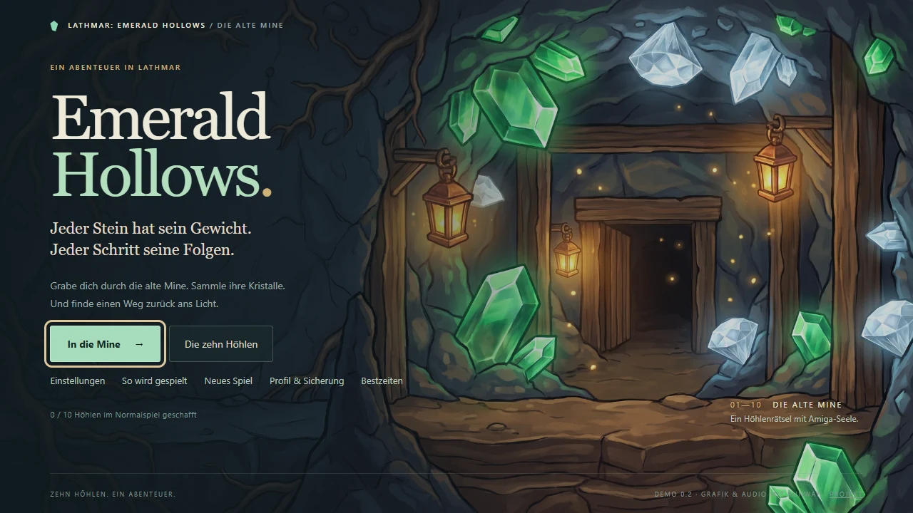 Emerald Hollows title screen beside a lantern-lit mine and glowing green crystals