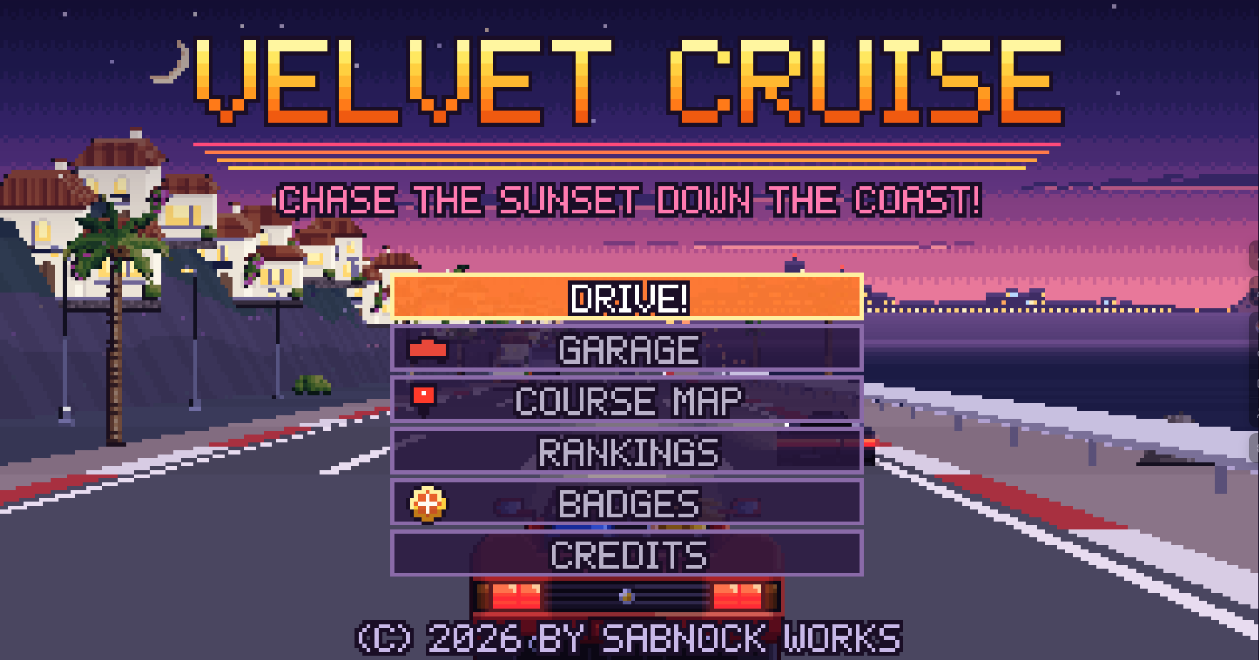 Velvet Cruise title screen with a red convertible, a coastal town and a purple sunset